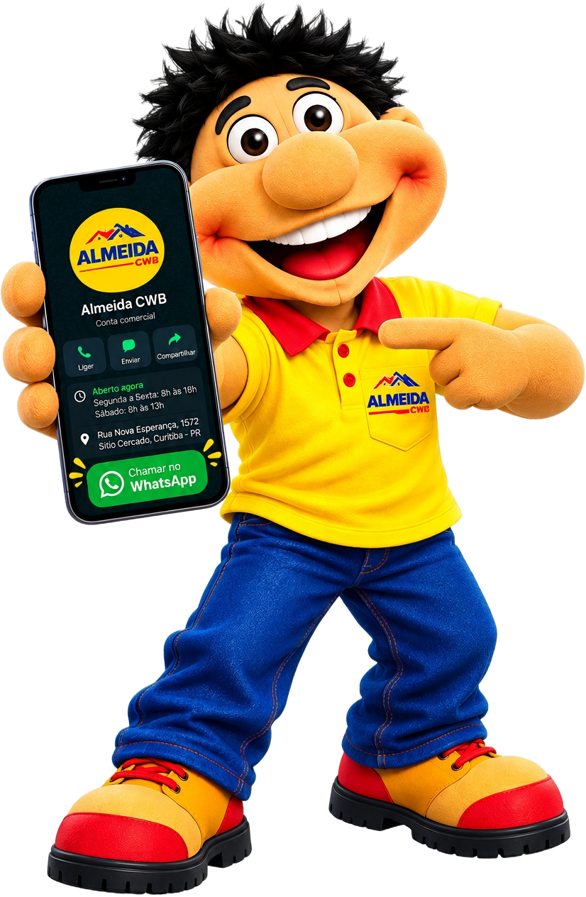 Mascote da ALMEIDA CWB segurando um celular com WhatsApp